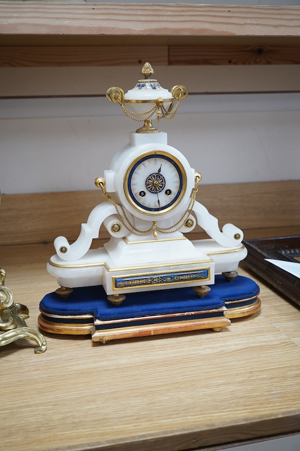 A late 19th century French ormolu mantel clock and another clock in an alabaster case, 39cm. Condition - fair to good